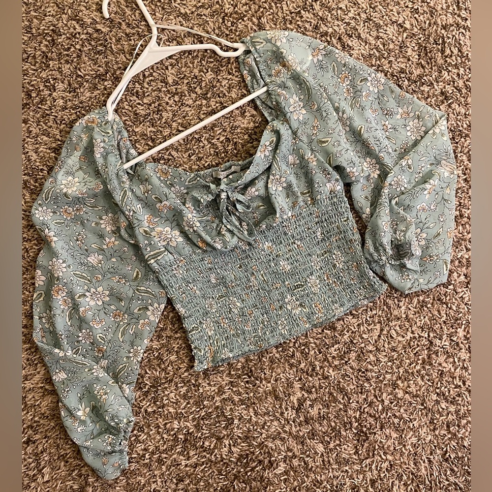 Love Tree Long Sleeve Green Top With a Flower Pattern